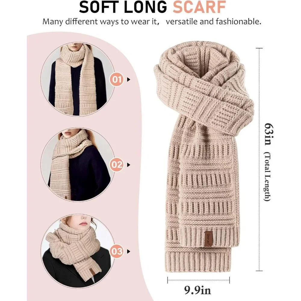 Women Winter Beanie Scarf Gloves Headband Set Knit Warm 4 Piece Gift White